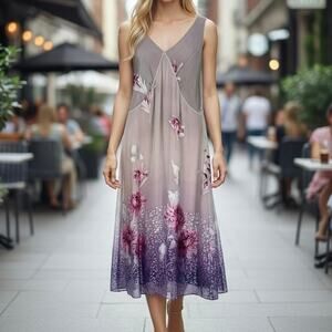 Maydayline Women's Vintage 100% Silk Floral Burnout Midi Dress Large Purple